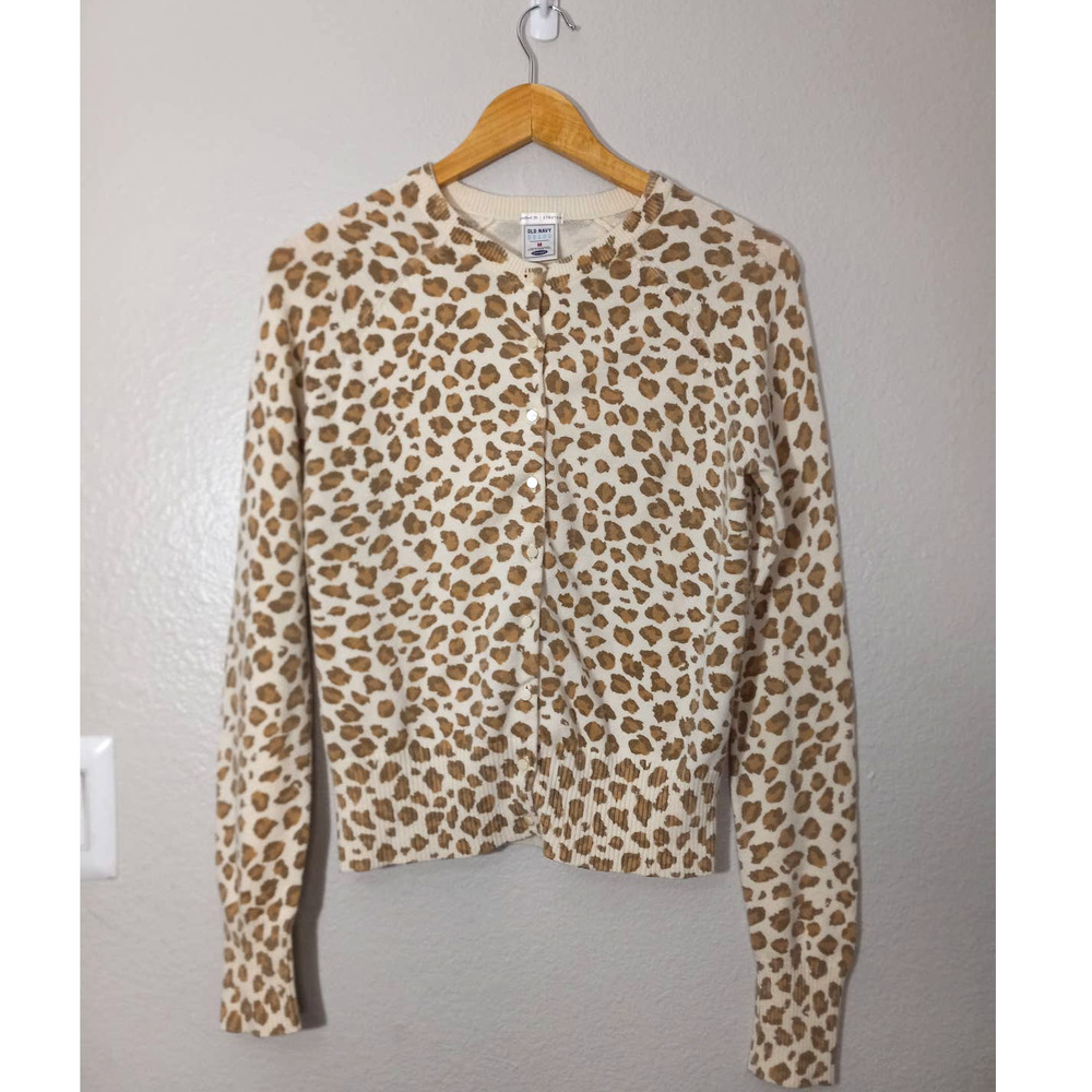 Old Navy Brand Perfect Fit Stretch Leopard Animal Print Brown Cream Sz M Sweater